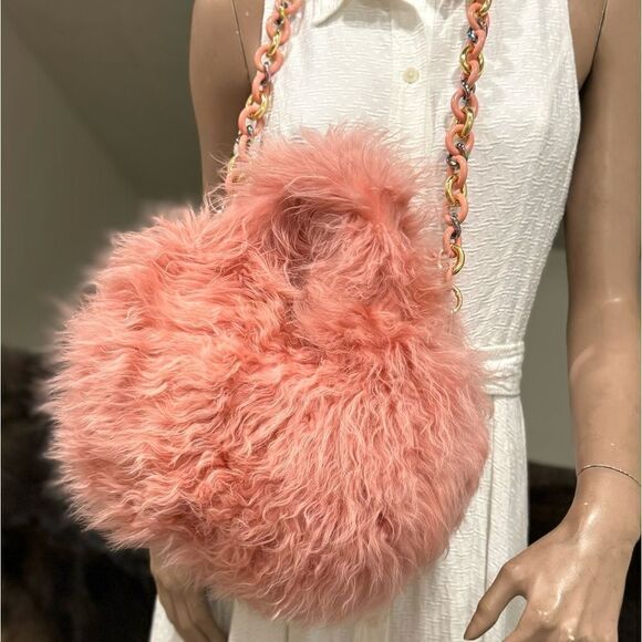 Flamingo Pink Real Curly Shearling Handmade Top HandleBag/Shoulder Bag/Crossbody - Picture 11 of 16